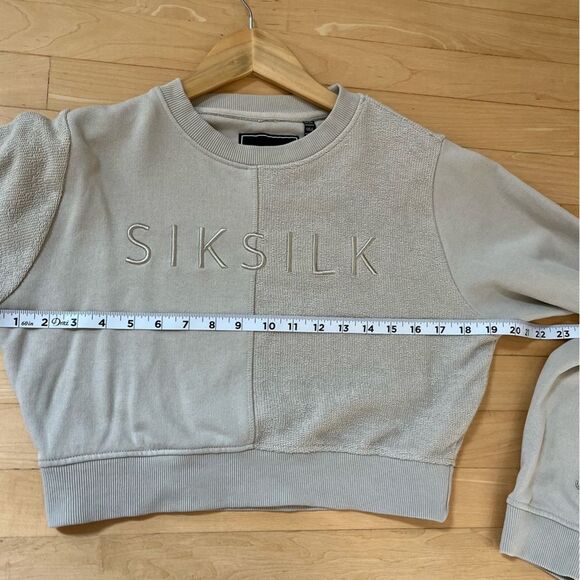 SilkSilk Cotton Blend Mixed Media Cropped Graphic Crewneck Sweatshirt in Tan 6 N - Picture 6 of 16